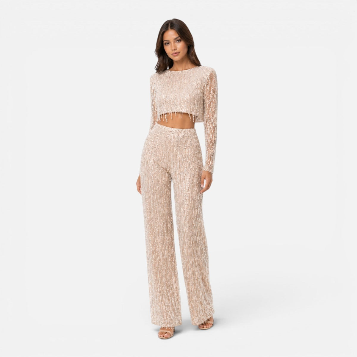 Sequin Fringe Long Sleeve Crop Top and Wide Leg Pants Two Piece Set 2