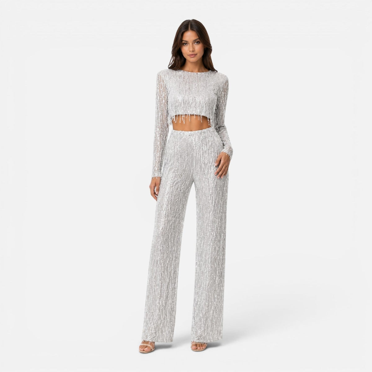 Sequin Fringe Long Sleeve Crop Top and Wide Leg Pants Two Piece Set 7