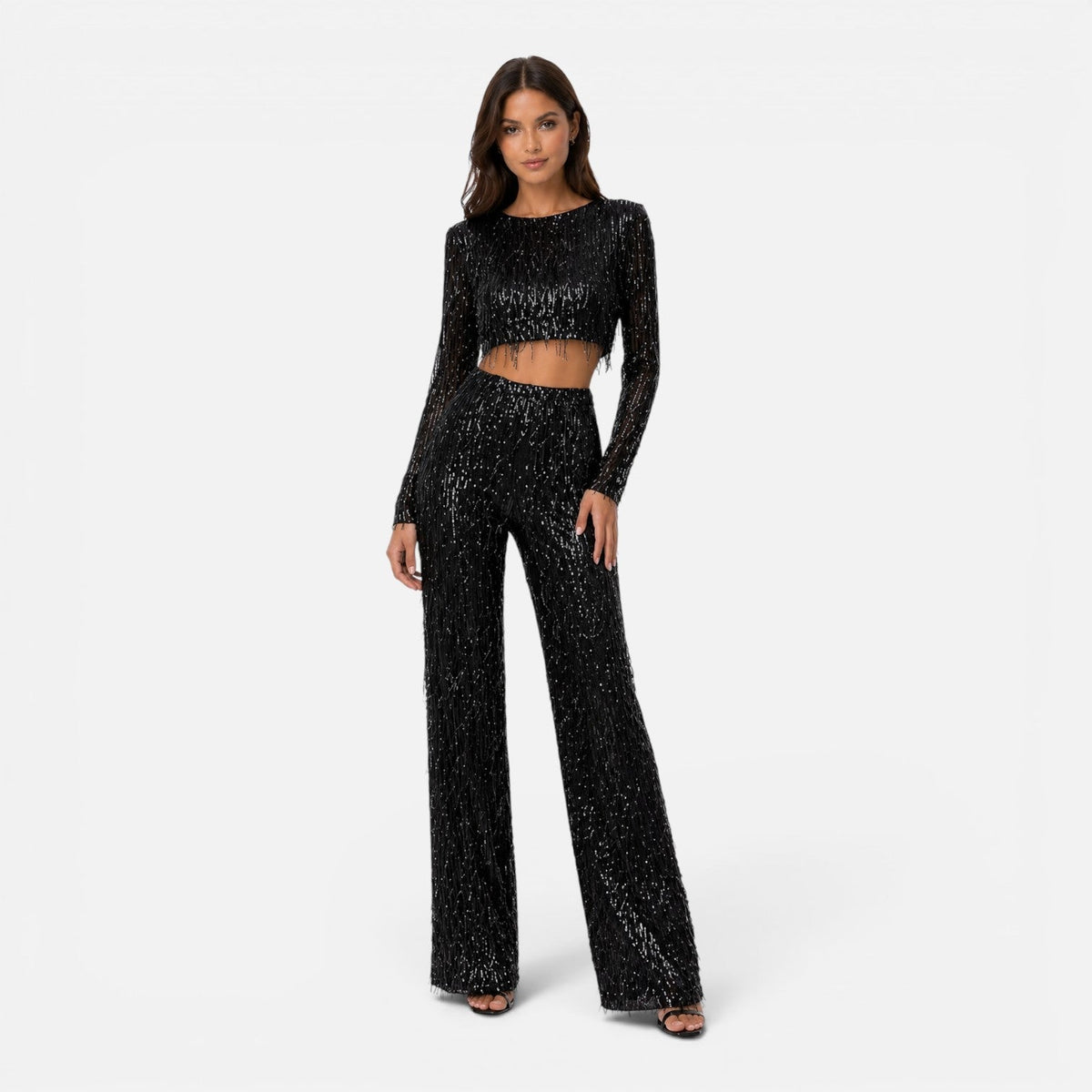 Sequin Fringe Long Sleeve Crop Top and Wide Leg Pants Two Piece Set 8