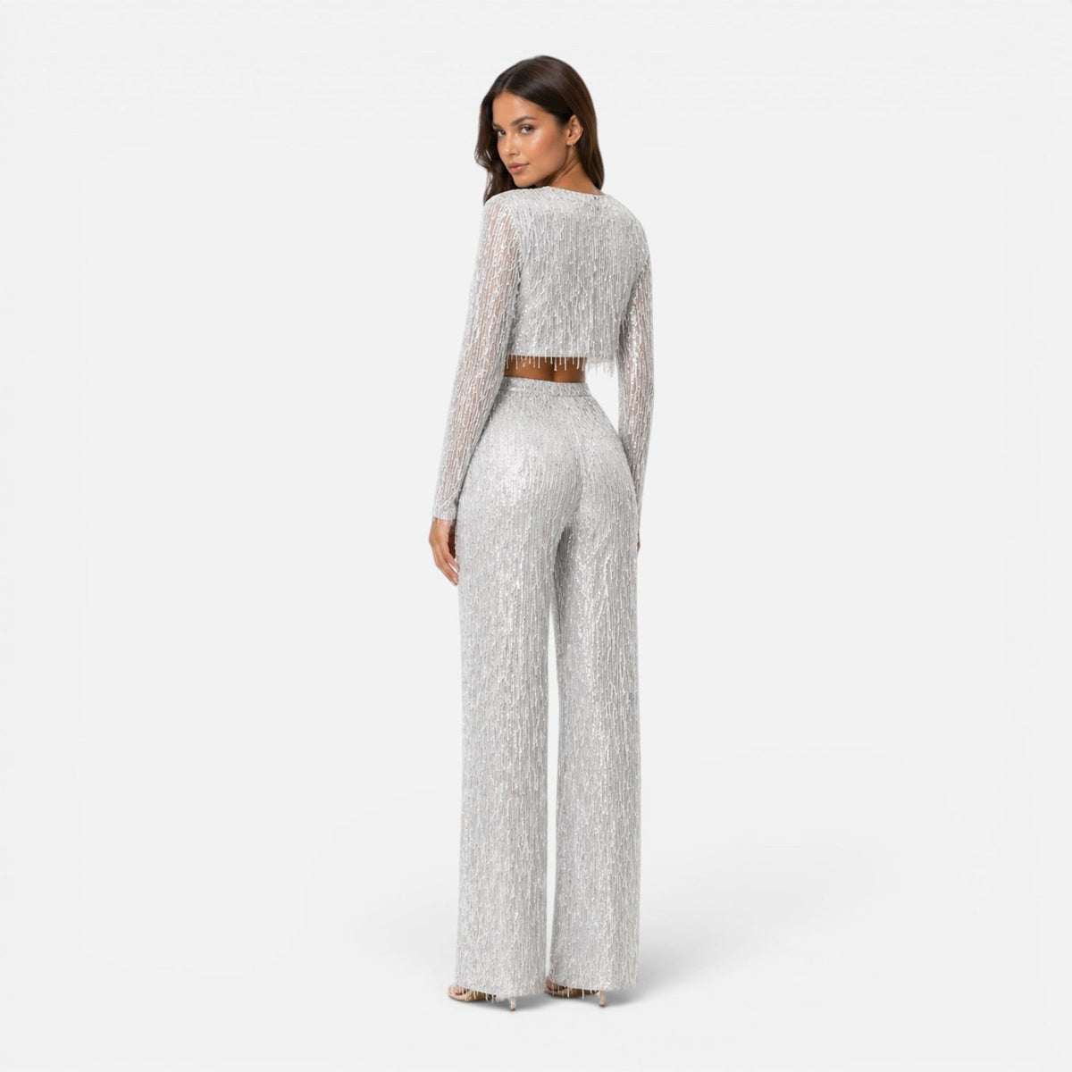 Sequin Fringe Long Sleeve Crop Top and Wide Leg Pants Two Piece Set 6