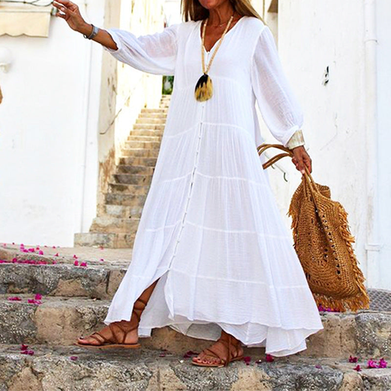 V-Neck Long Sleeve Button Up Tiered Maxi Dress 6