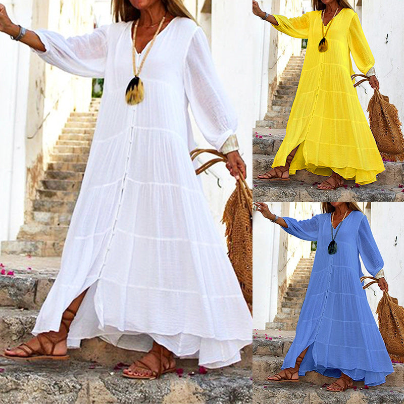 V-Neck Long Sleeve Button Up Tiered Maxi Dress 10