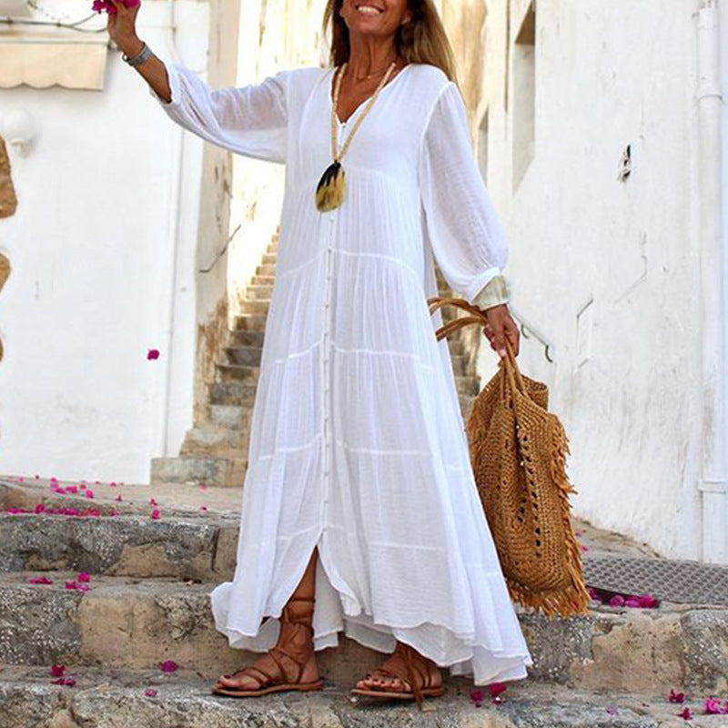 V-Neck Long Sleeve Button Up Tiered Maxi Dress 11