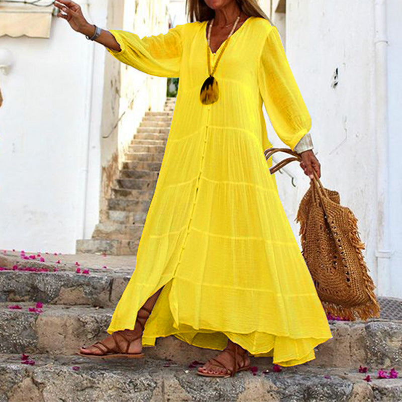 V-Neck Long Sleeve Button Up Tiered Maxi Dress 14
