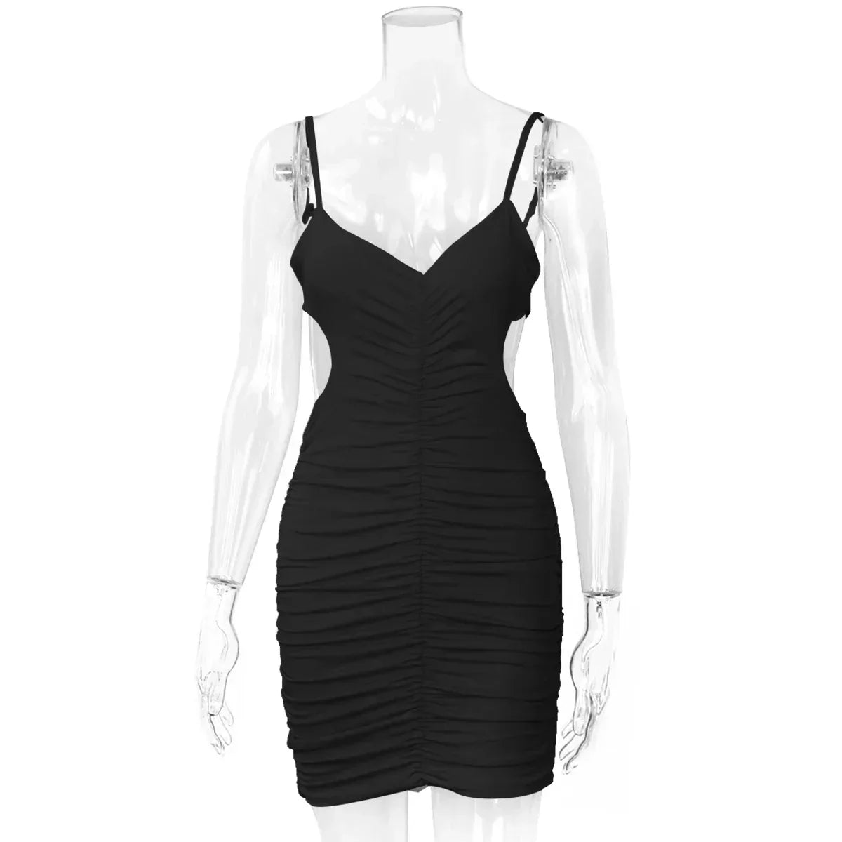 V-Neck Spaghetti Strap Cut Out Ruched Bodycon Mini Dress 4