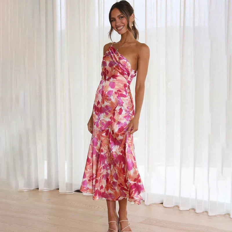 Floral One Shoulder Satin Midi Dress 2