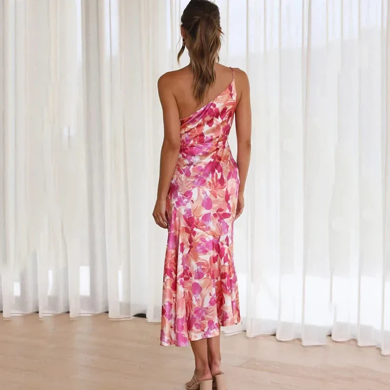 Floral One Shoulder Satin Midi Dress 3