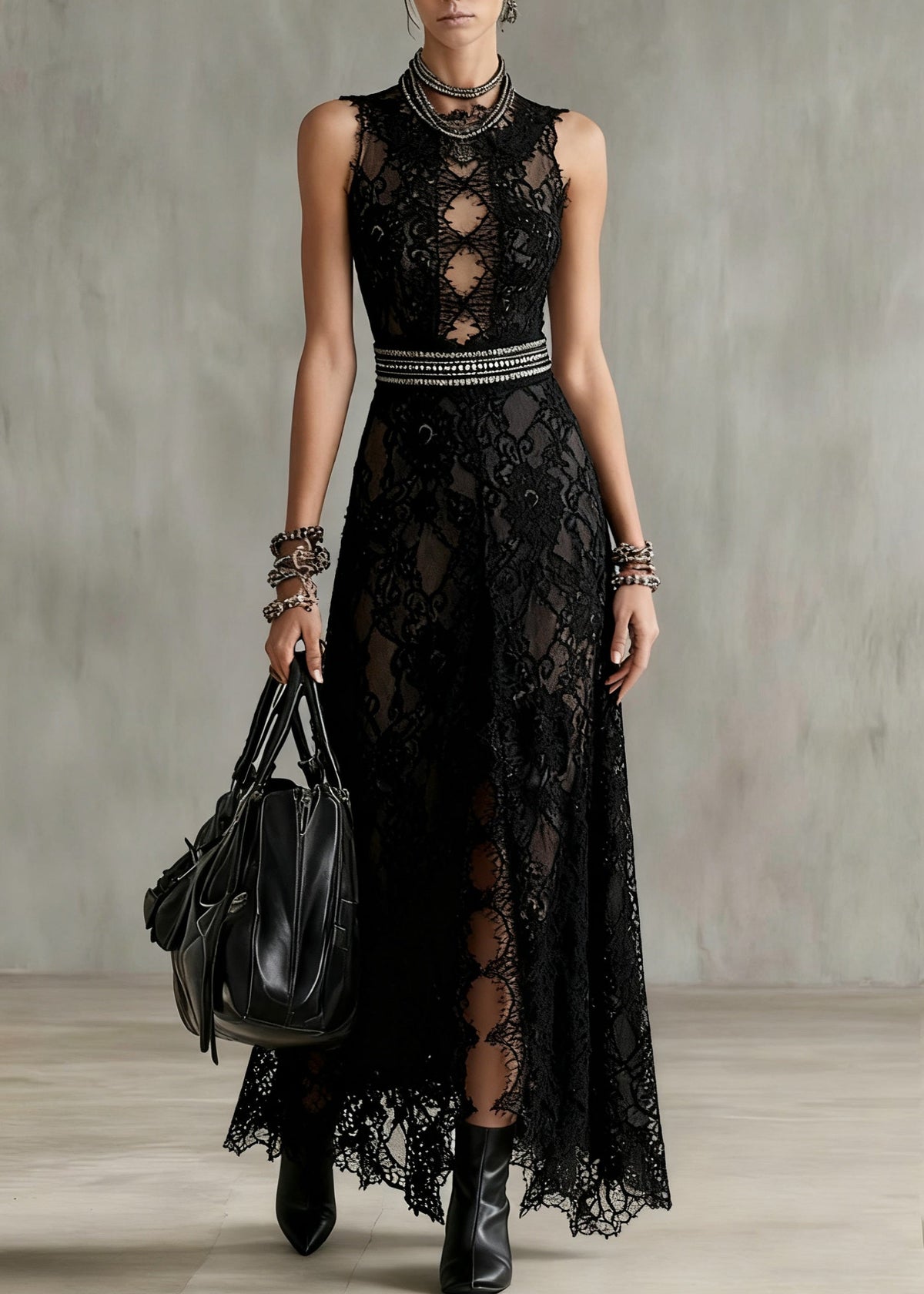 Lace Floral Cut Out Lattice Bodice Studded Waist Maxi Gown