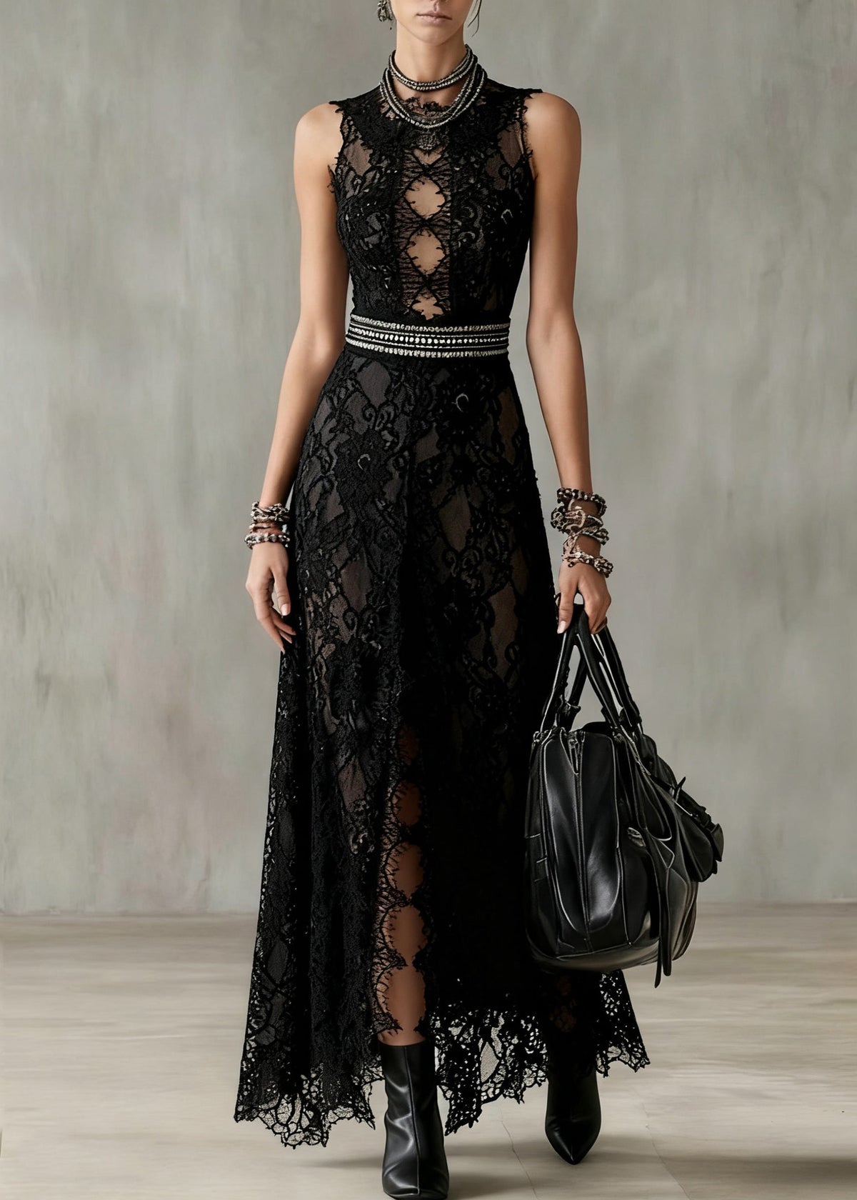 Lace Floral Cut Out Lattice Bodice Studded Waist Maxi Gown - View 3