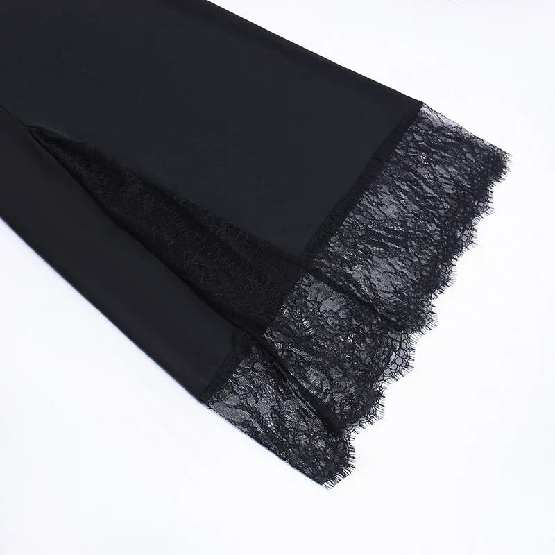 2024 Black Spaghetti Strap Backless Split Lace Dress - View 6