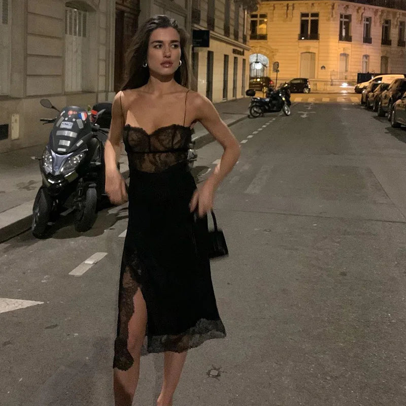 2024 Black Spaghetti Strap Backless Split Lace Dress - View 2