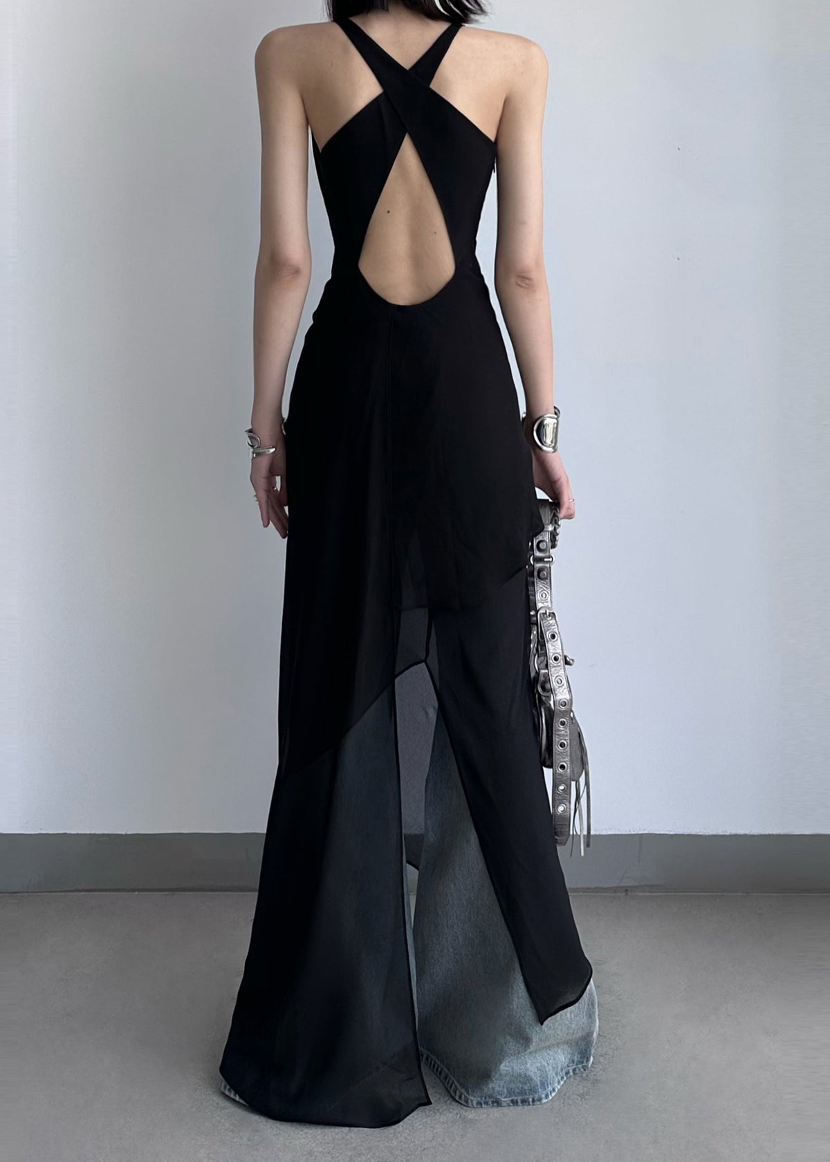Sexy Black V Neck Backless Patchwork Chiffon Dress Summer - View 5