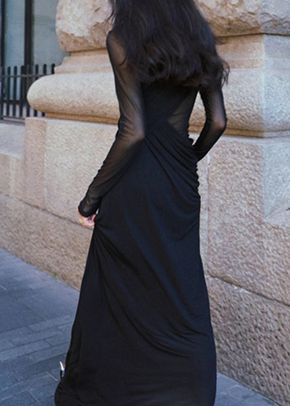 Mesh Long Sleeve Crew Neck Ruched Wrap Bodycon Maxi Gown - View 4