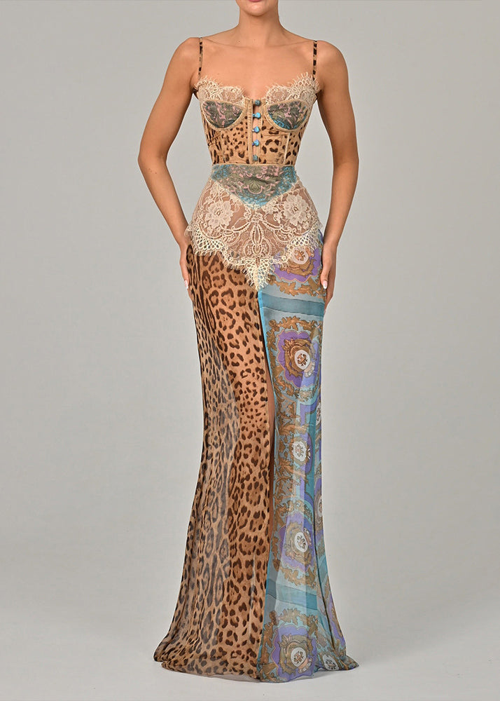 Patchwork Corset Bustier Lace Trim Spaghetti Strap Maxi Gown