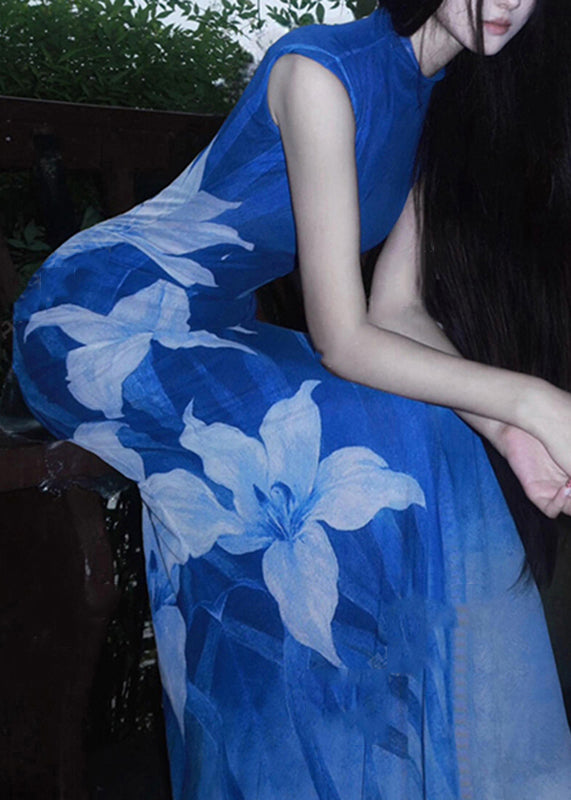Sexy Blue O-Neck Print Tulle Maxi Dresses Sleeveless