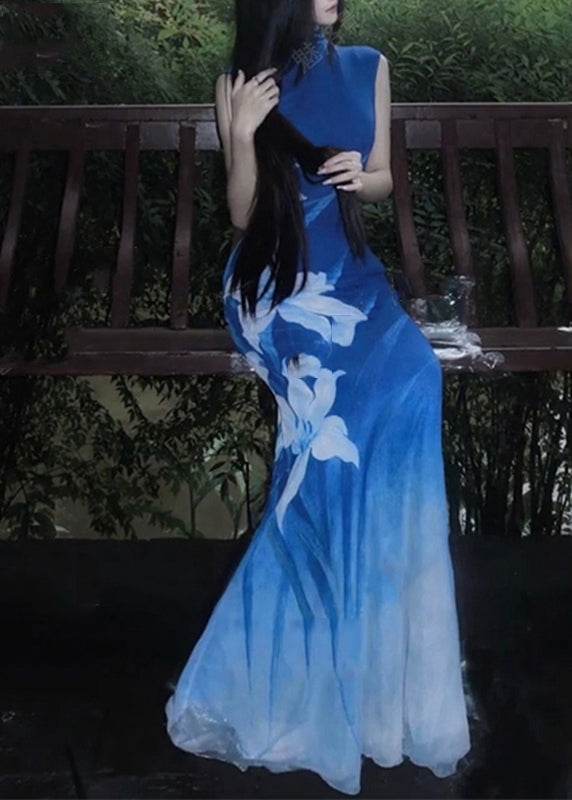 Sexy Blue O-Neck Print Tulle Maxi Dresses Sleeveless - View 2