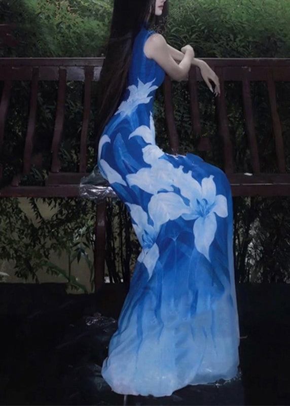 Sexy Blue O-Neck Print Tulle Maxi Dresses Sleeveless - View 3