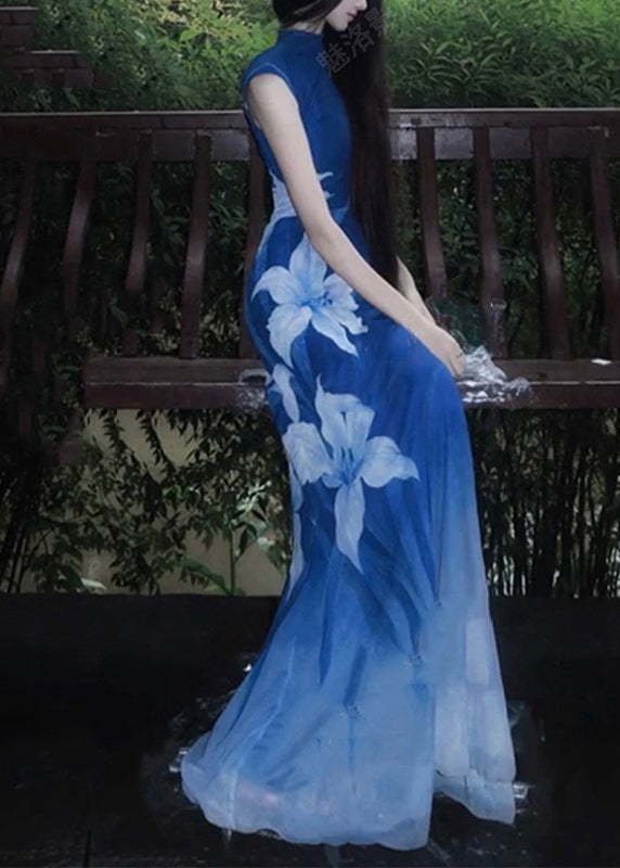 Sexy Blue O-Neck Print Tulle Maxi Dresses Sleeveless - View 4