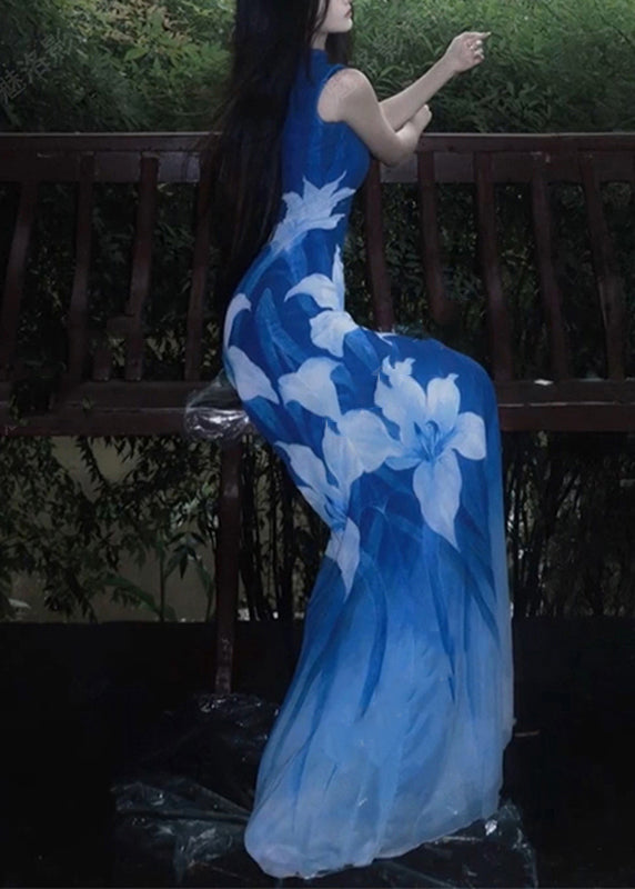 Sexy Blue O-Neck Print Tulle Maxi Dresses Sleeveless - View 5