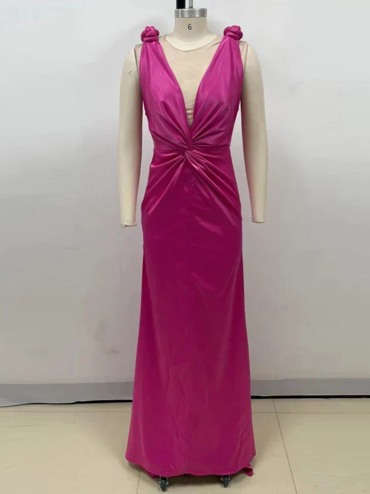 Sexy Braid Sling Deep V Neck Pleated Maxi Dress Women Christmas Party Pink / Xs Dresses-L