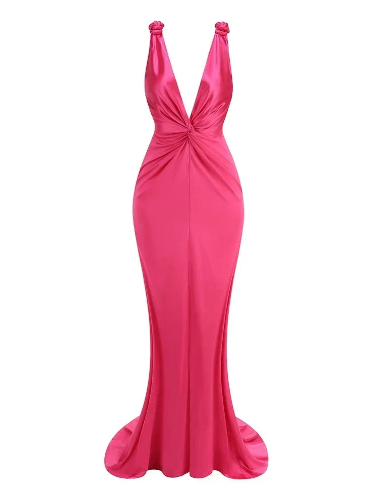 Sexy Braid Sling Deep V Neck Pleated Maxi Dress Women Christmas Party Pink 1 / Xs Dresses-L