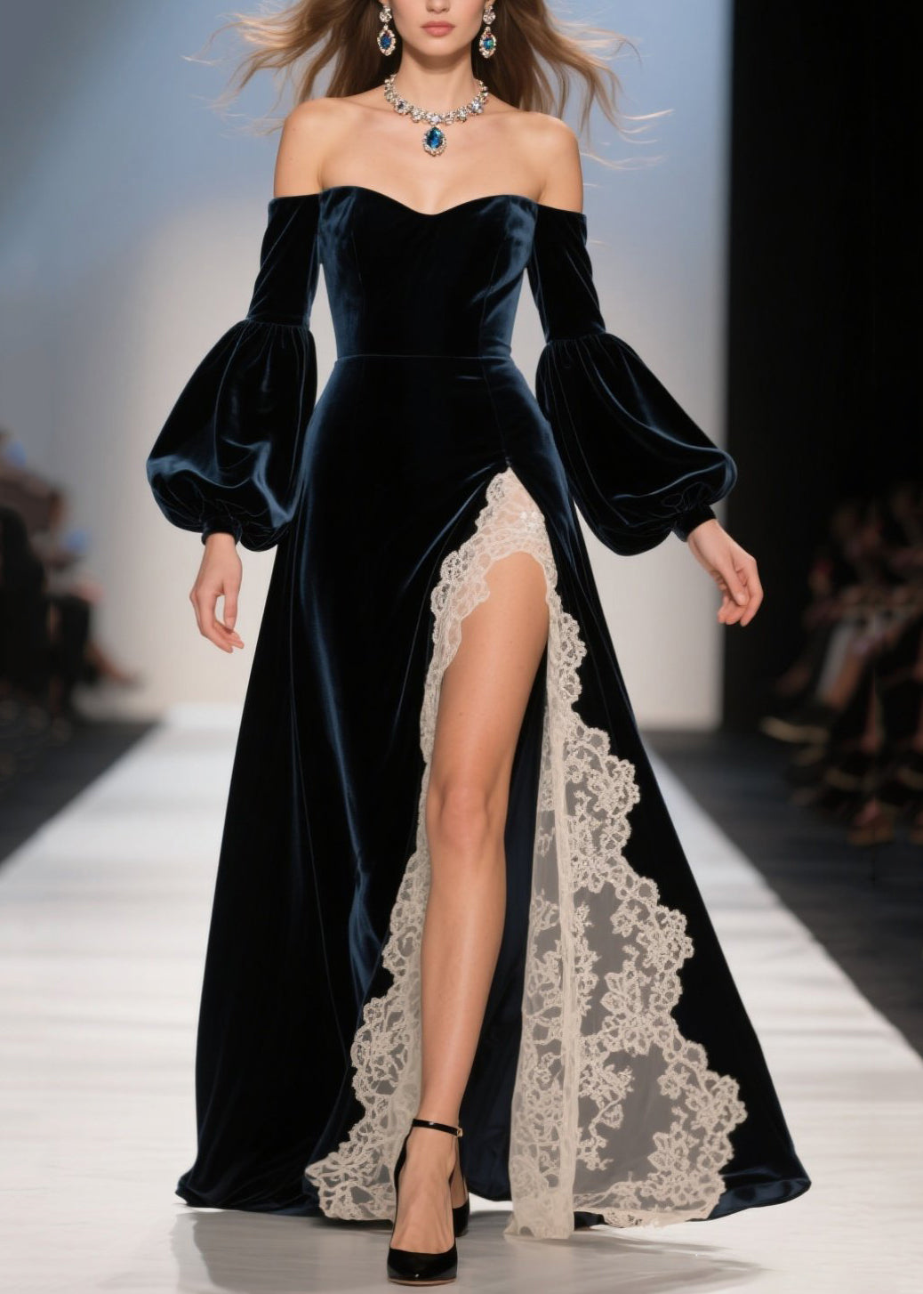 Velvet Off Shoulder Sweetheart Bishop Sleeve Lace Trim Maxi Gown