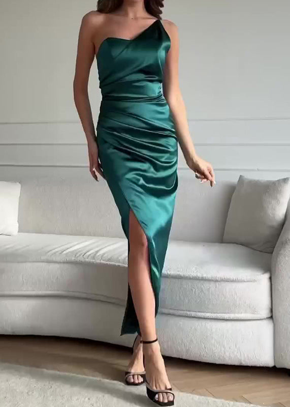 Satin One Shoulder Sleeveless Ruched Diagonal Seam Maxi Dress - View 5