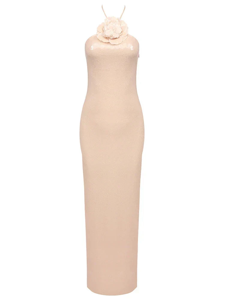 Sexy Halter 3D Flowers Sequins Long Dress Sleeveless Backless Christmas Party Apricot / Xs Dresses-L