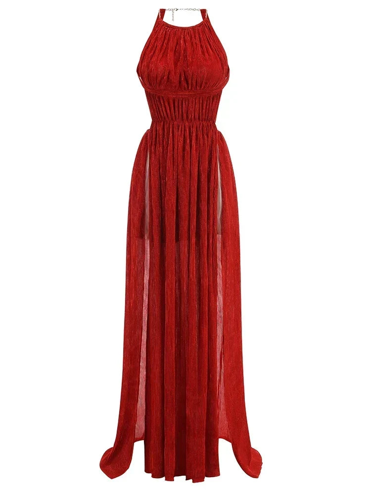 Sexy Halter Neck Chain Pleated High Split Long Dress Backless Christmas Party Red / Xs Dresses-L