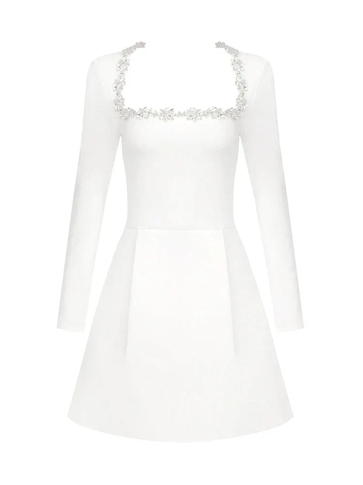 Sexy Long Sleeves Square Collar Crystal A-Line Slim Dress Elegant Christmas Party White / Xs