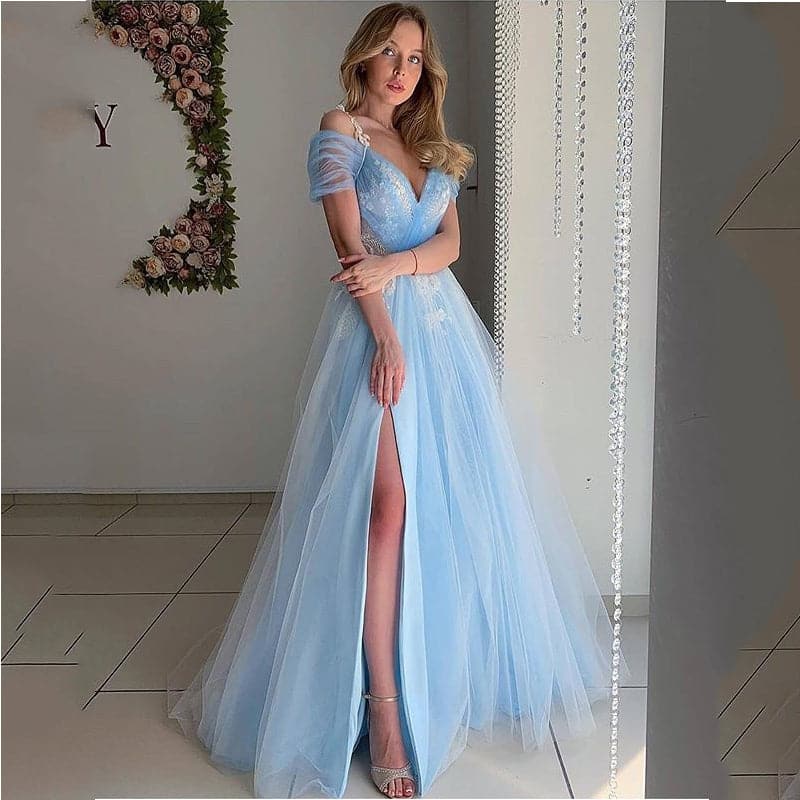 Off Shoulder V-Neck Lace Tulle High Split A-Line Prom Gown - View 5