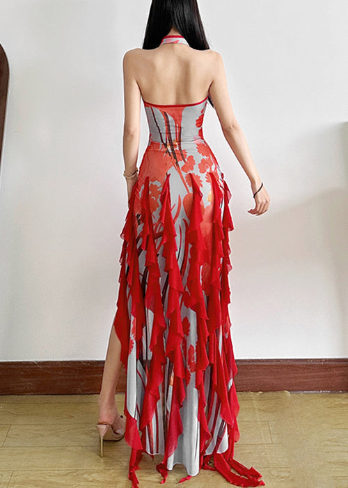 Sexy Red Backless Ruffled Side Open Tulle Long Dresses Summer - View 5