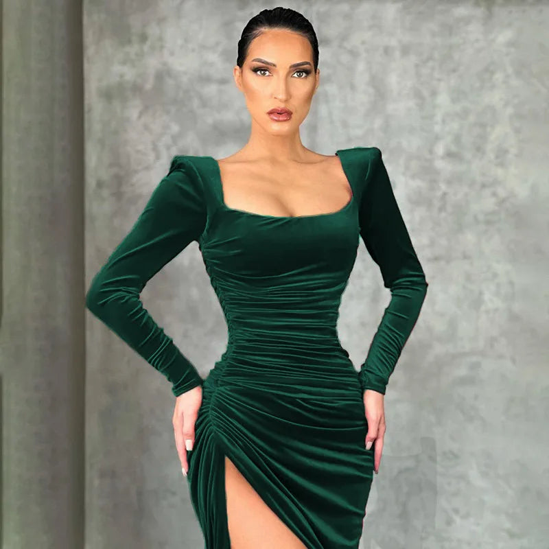 Sexy Red Velvet Elegant Midi Christmas Party Dress Green / S Dresses-L