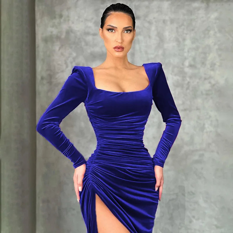 Sexy Red Velvet Elegant Midi Christmas Party Dress Blue / S Dresses-L