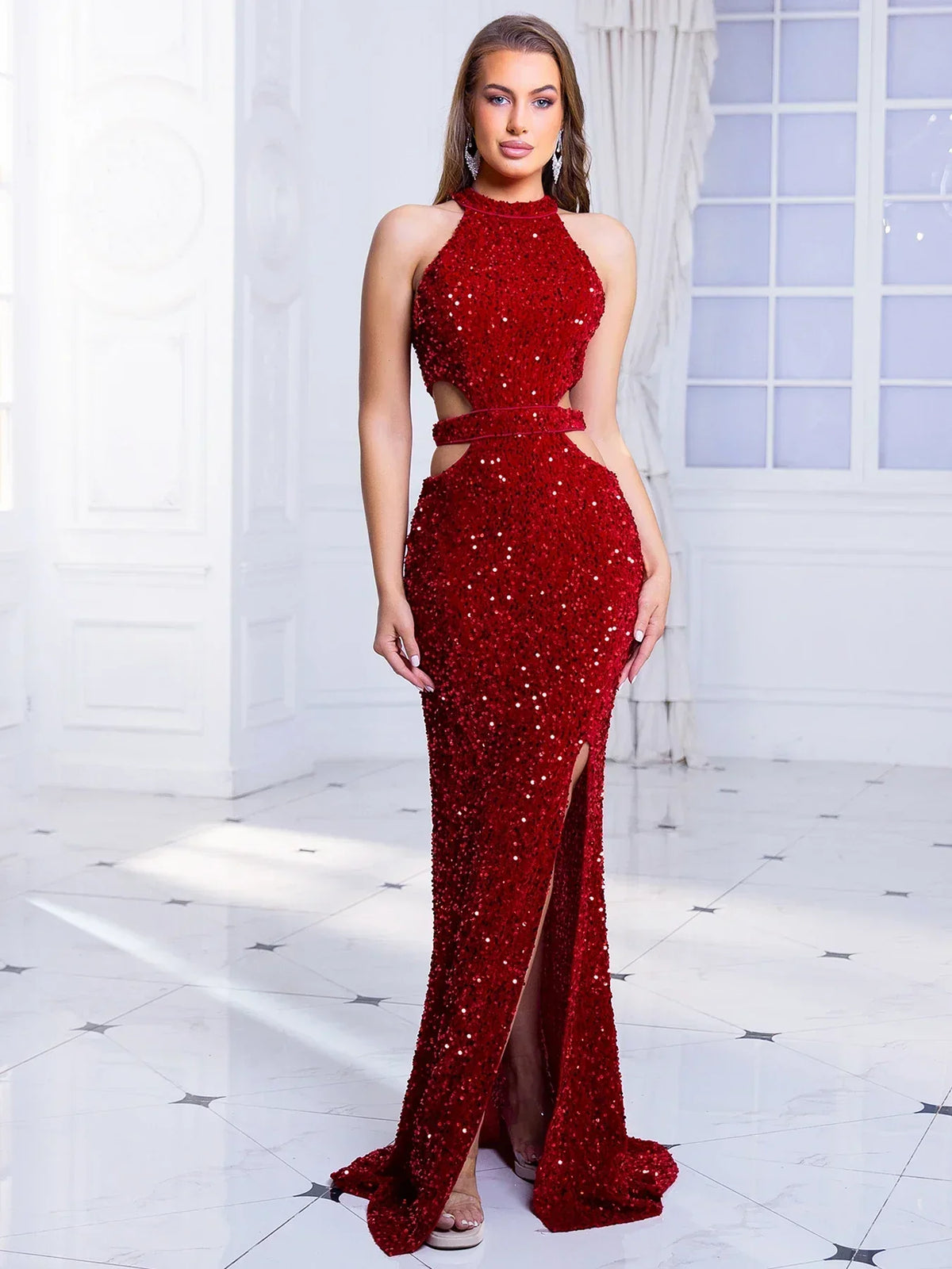 Halter Neck Side Cut Out High Split Sequin Fishtail Gown 7