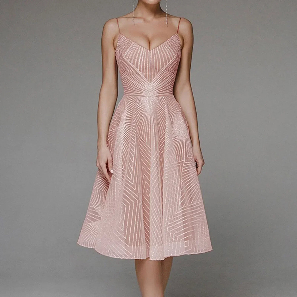 Glitter Spaghetti Strap V-Neck A-Line Midi Party Dress in Beige - View 9