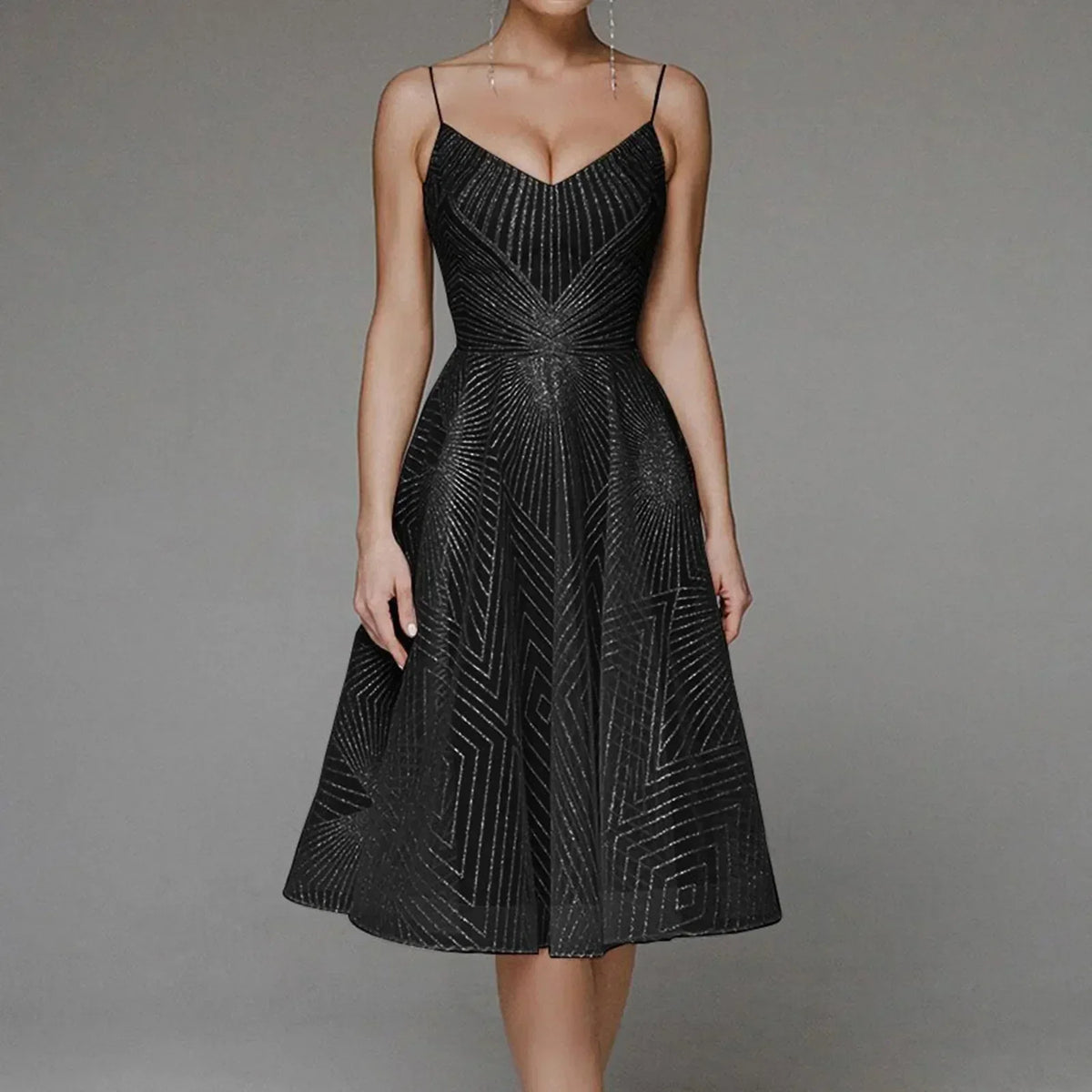 Glitter Spaghetti Strap V-Neck A-Line Midi Party Dress in Beige - View 7