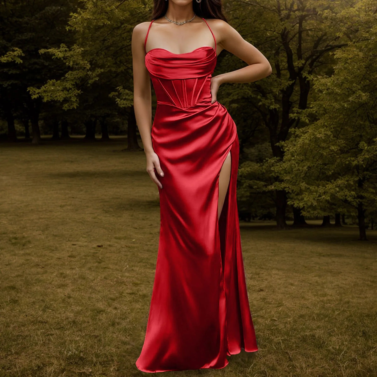 Satin Spaghetti Strap Corset High Split Mermaid Maxi Dress - View 10