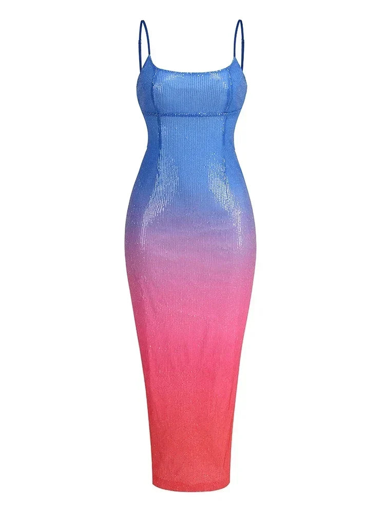 Square Neck Spaghetti Strap Ombre Sequin Bodycon Midi Dress 7