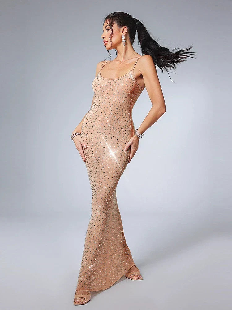Sexy Spaghetti Strap Perspective Luxury Diamond Sleeveless See Through Christmas Party Dress Gold /