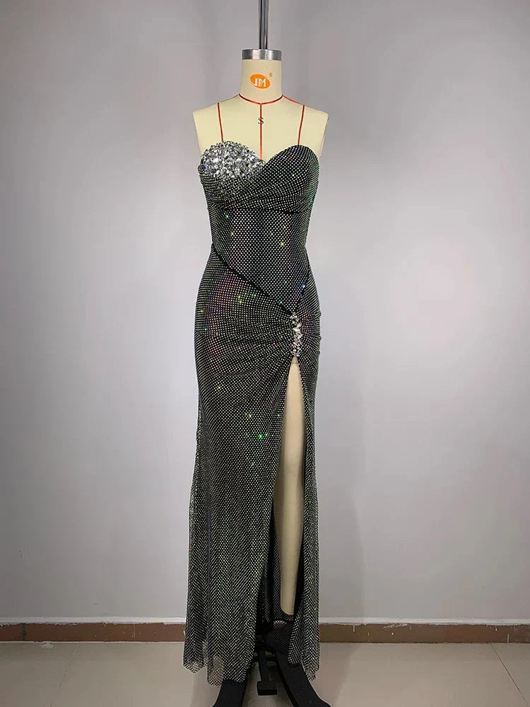 Sexy Strapless Luxury Diamonds Long Dress Shiny Sequins Crystal Folds Christmas Party Black / S