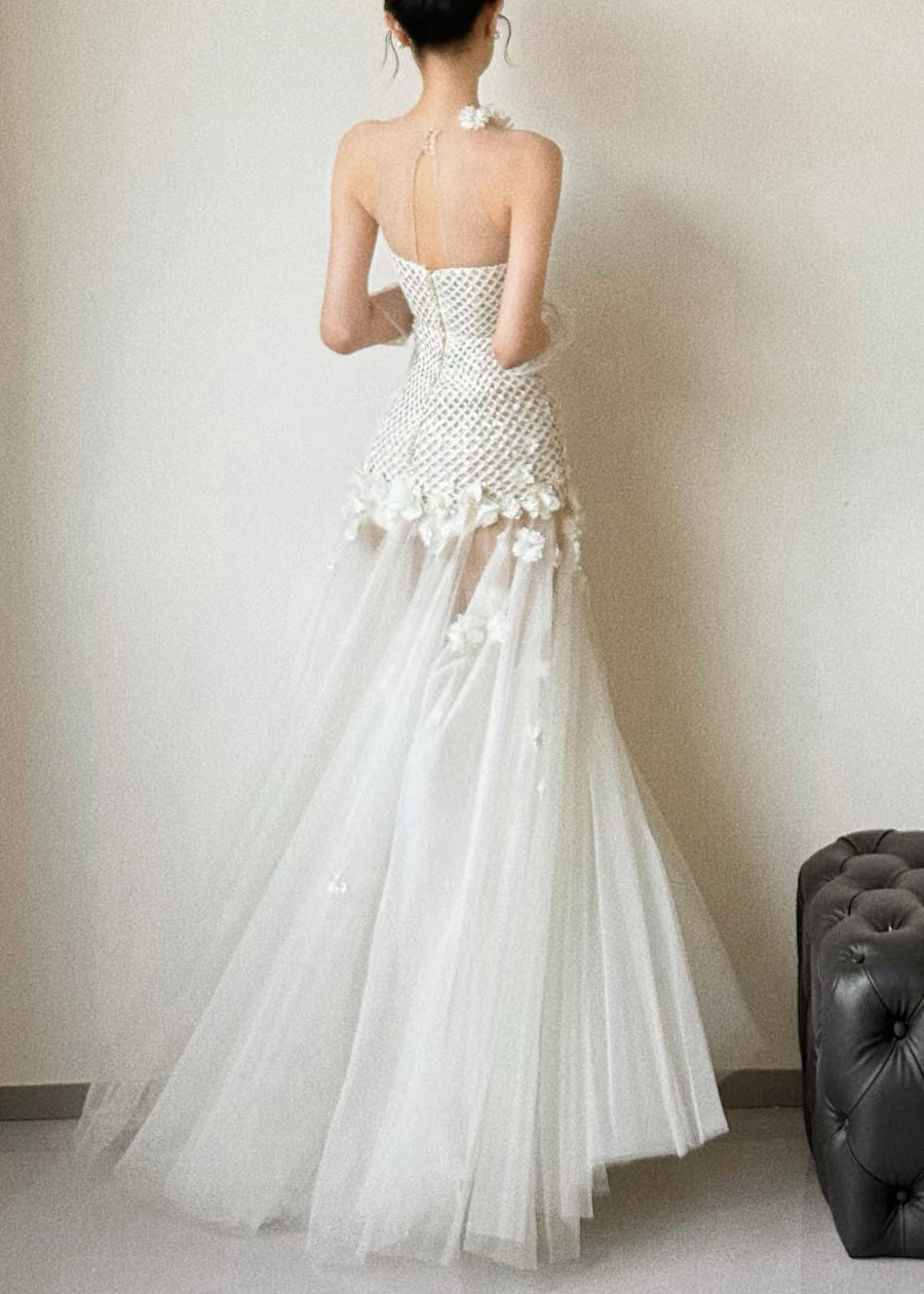 Halter Neck Lattice Bodice Floral Appliqué Tulle Maxi Gown - View 4