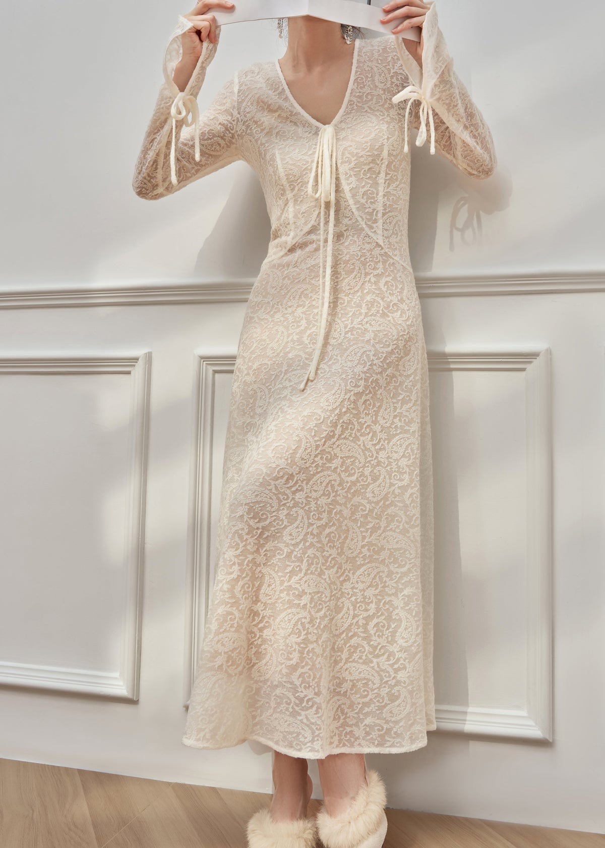 Lace Deep V-Neck Tie Front Bell Sleeve Maxi Dress - View 2