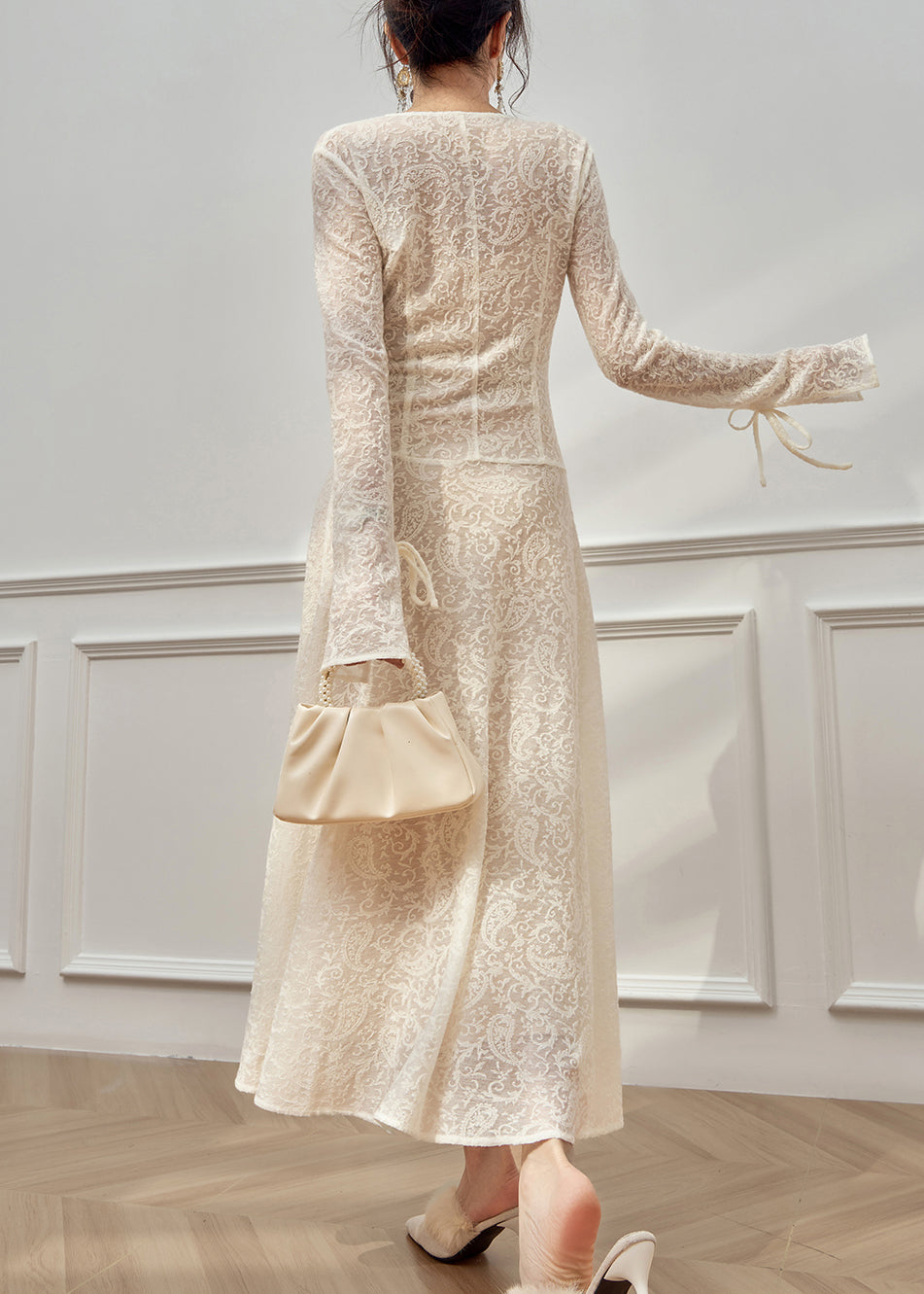 Lace Deep V-Neck Tie Front Bell Sleeve Maxi Dress - View 5