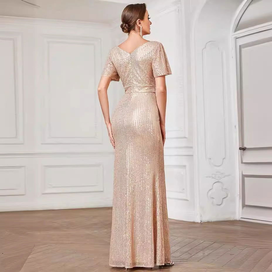 Sequin V-Neck Short Sleeve Ruched Mermaid Maxi Dress - View 3