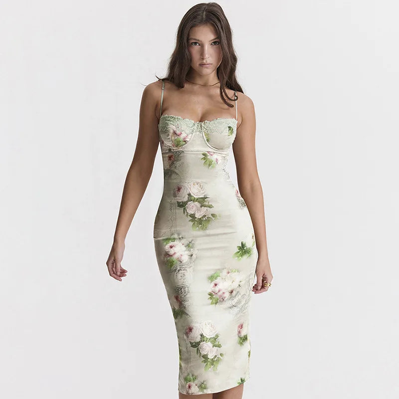 Silk Strap Lace Backless Floral Dress - View 4