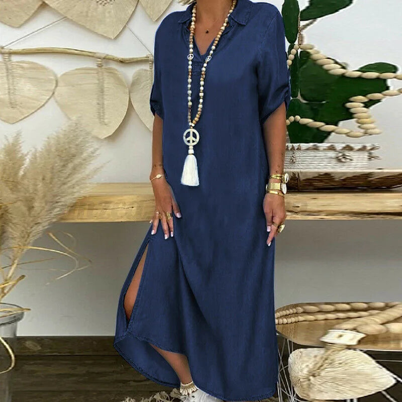 Collared Roll Sleeve Denim Shirt Maxi Dress 4