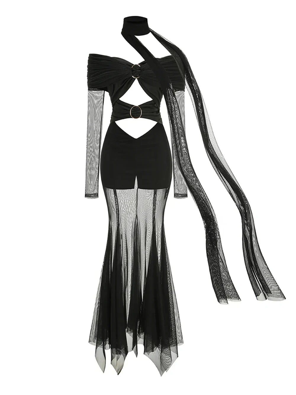 Off The Shoulder Mesh Folded Scarf Maxi Dress - View 5