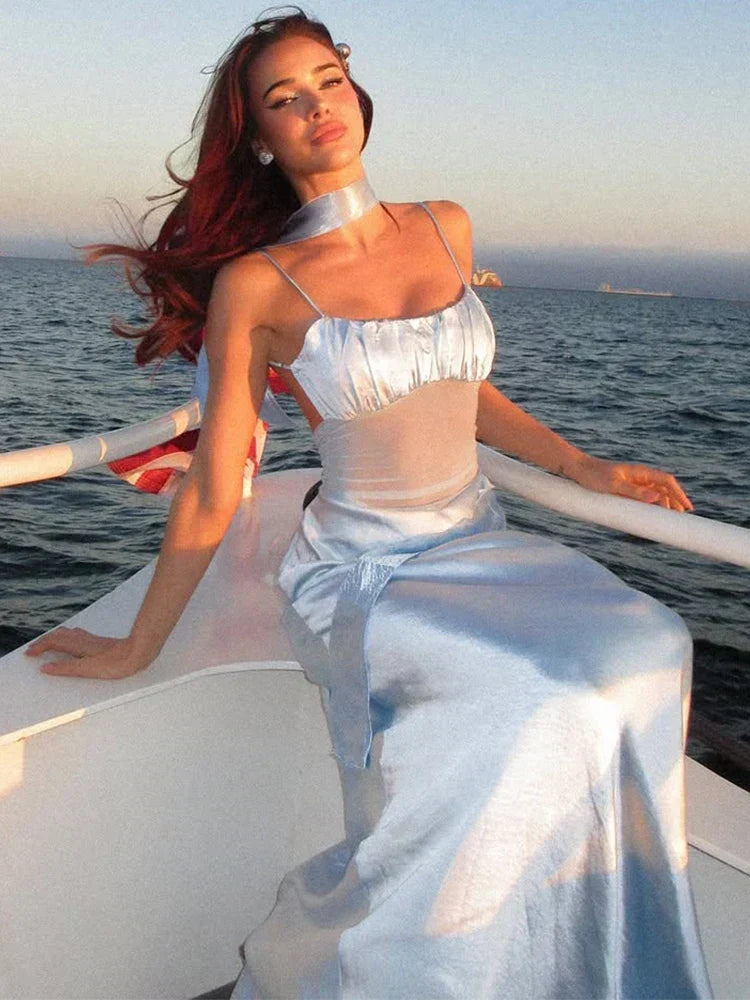 Satin Mesh Ruffle Sleeveless Backless Beach Maxi Dress - View 6