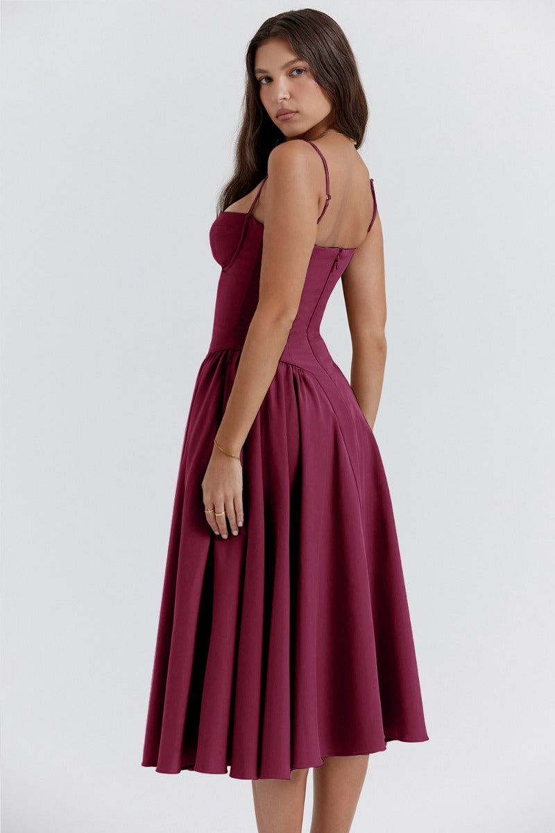 Spaghetti Strap Corset Bodice Pleated Fit and Flare Midi Dress - View 2